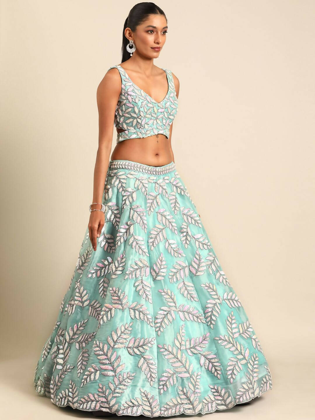 House of Panchhi Turquoise Blue Organza Sequins & Zarkan embroidery Lehenga choli & Dupatta | Swadesiicart
