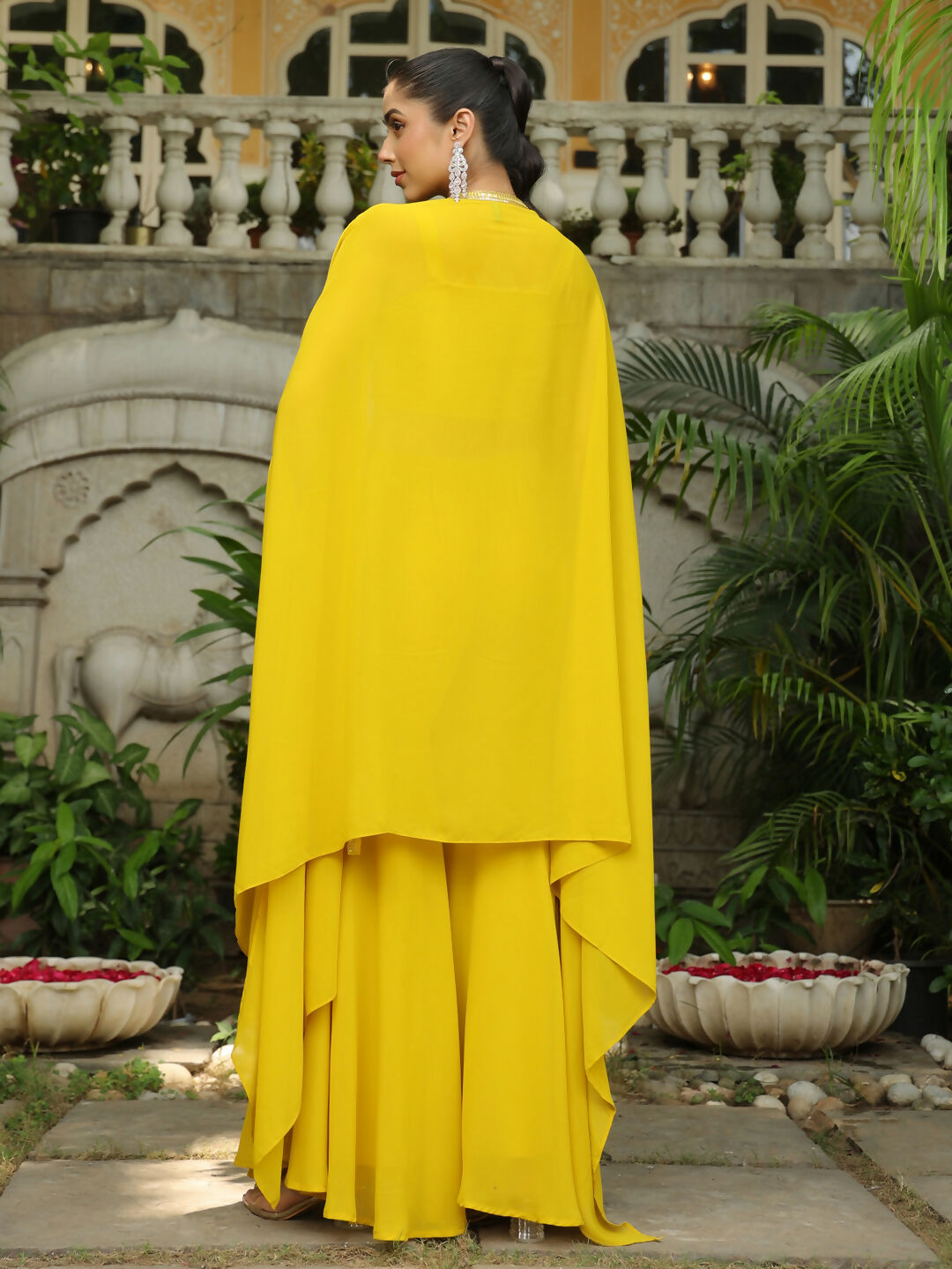 Janasya Yellow Georgette Sequined Top Bottom Cape | Swadesiicart