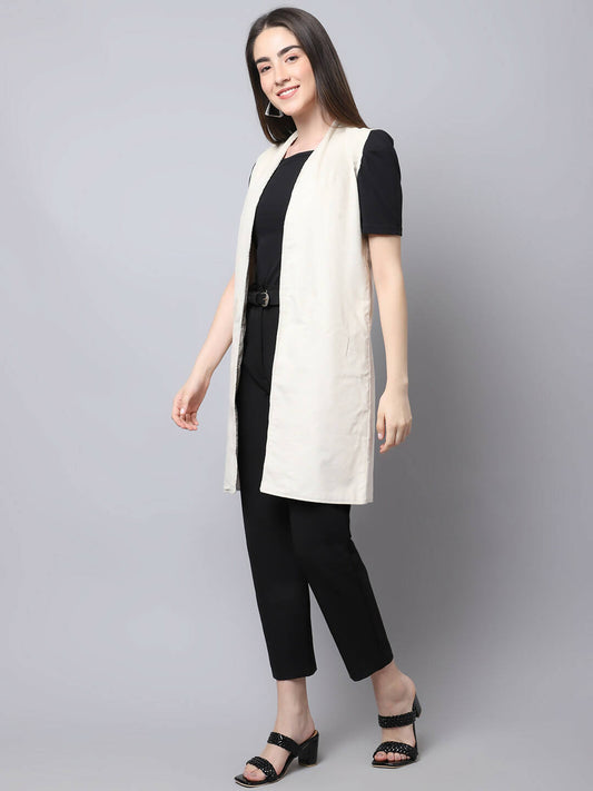 Even Apparels White Polywool Open Front Corduroy Women's Long Coat | Swadesiicart