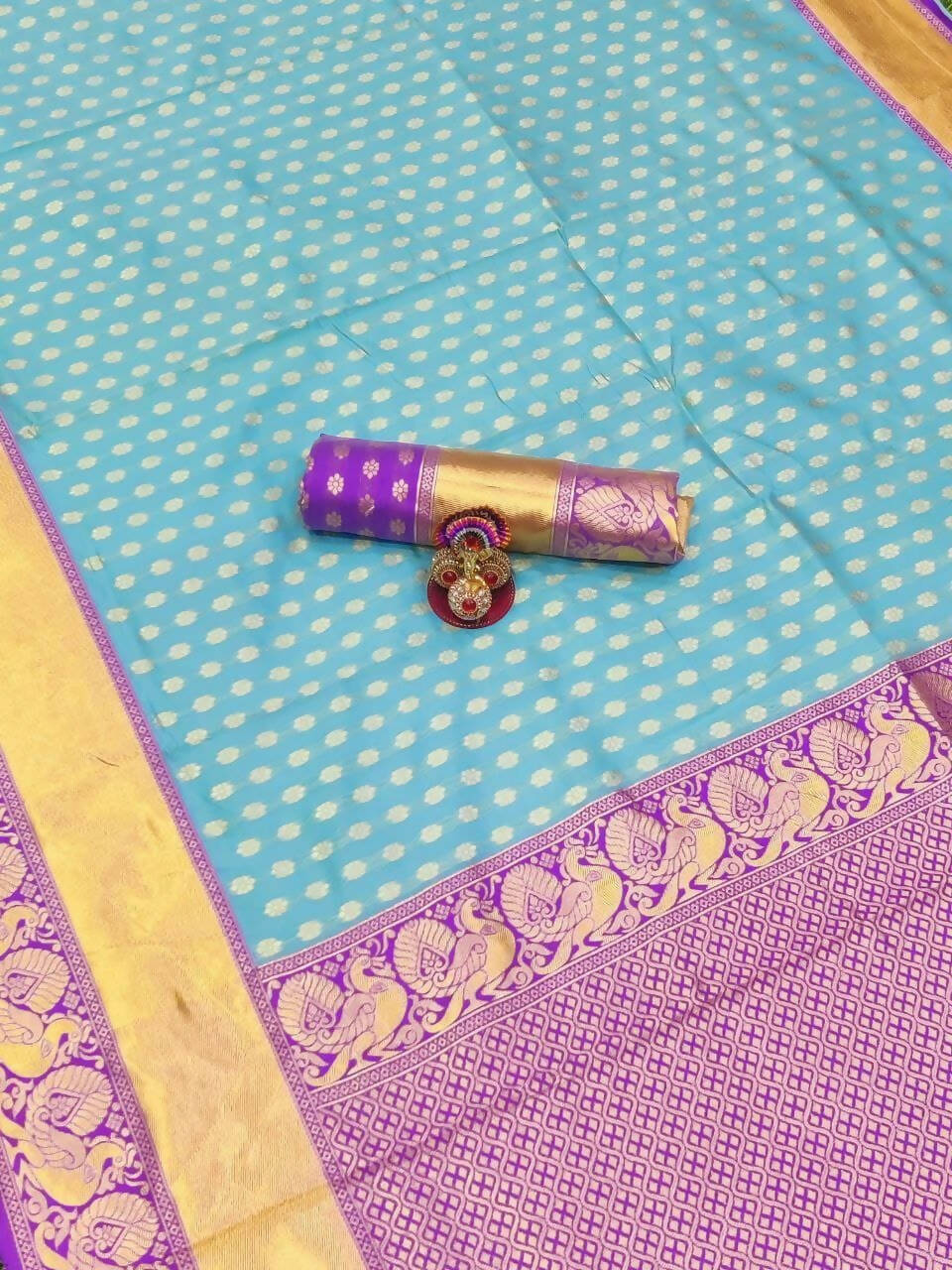 DEIANA'S Beautiful Designer Golden zari Soft Lichi Silk Saree - Sky - Swadesiicart