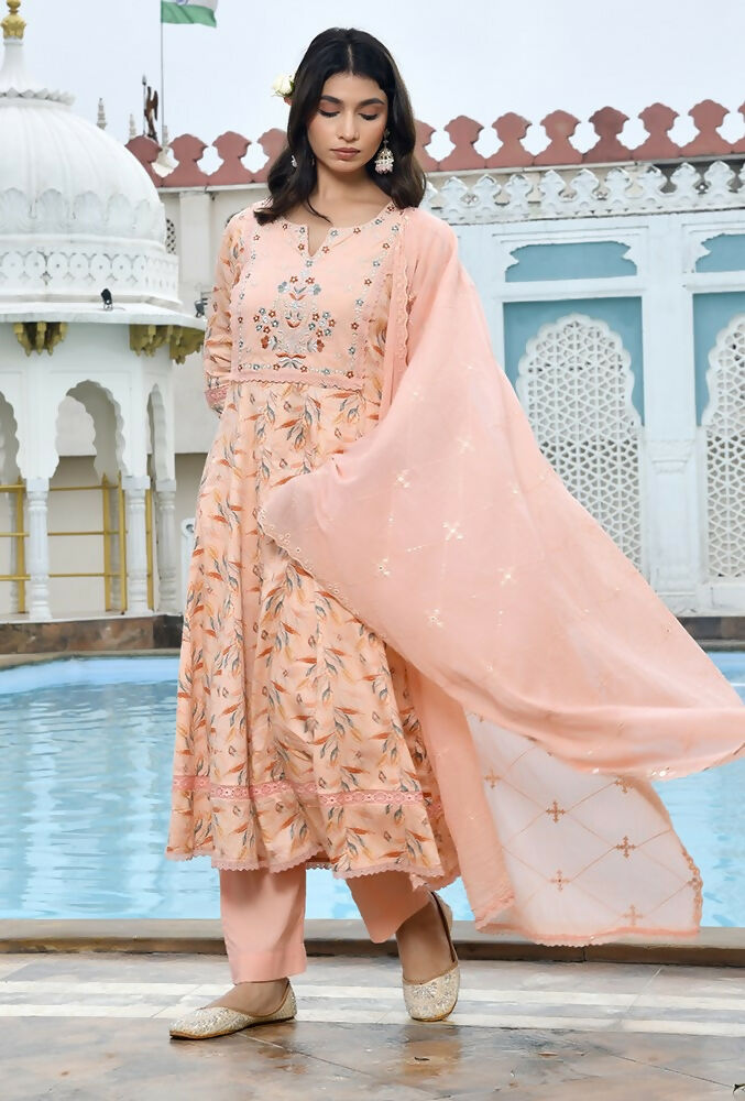 Vaasva Women's Peach Cotton Anarkali Set With Solid Pant And Embroidered Dupatta | Swadesiicart