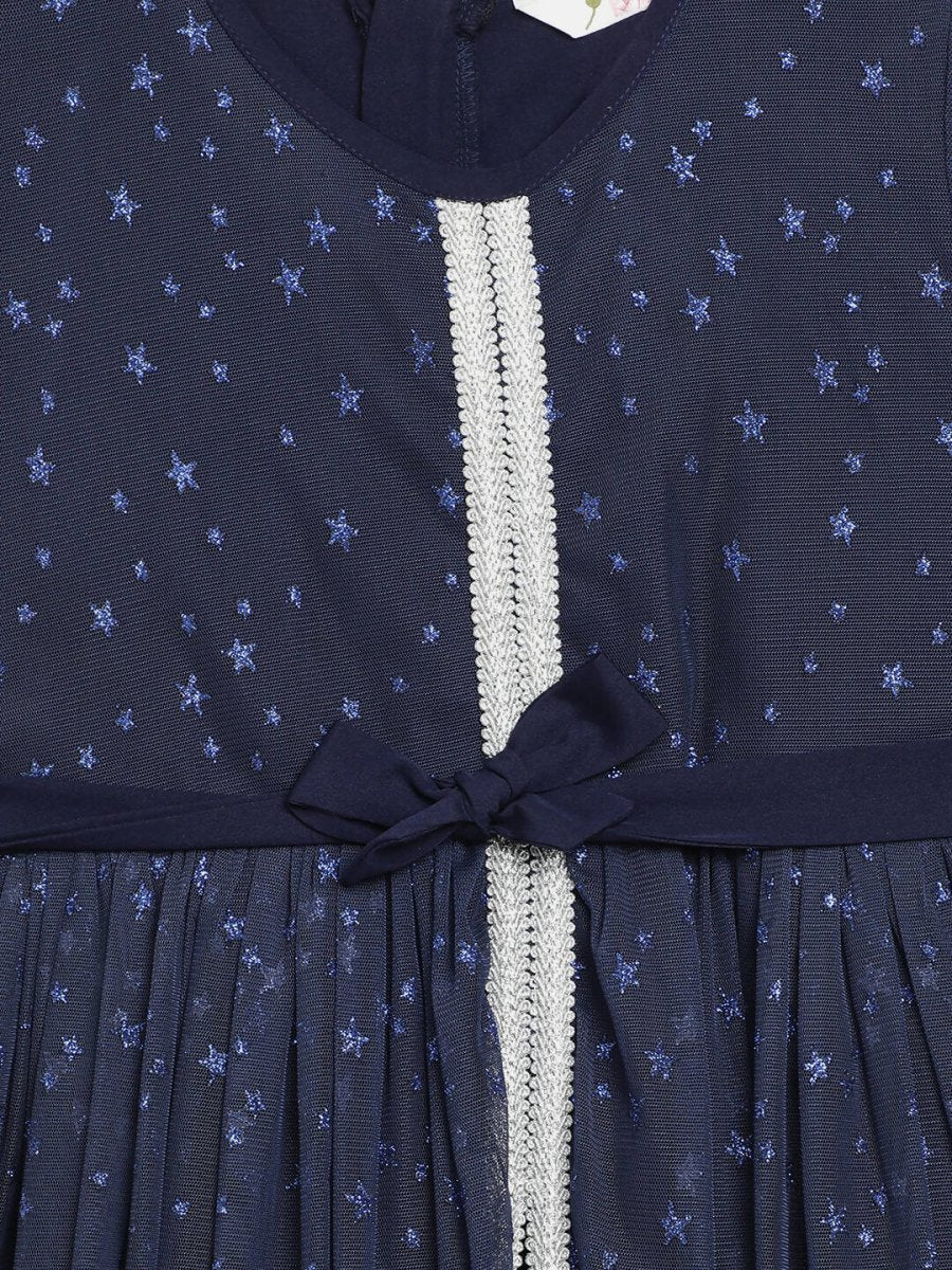 Ahalyaa Navy Blue Net Foil Print Kids Dress For Girls | Swadesiicart