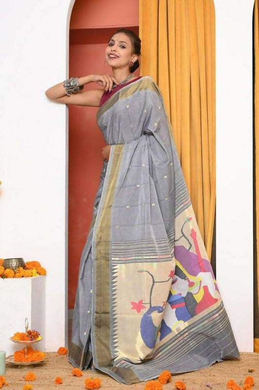Very Much Indian Handloom Grey Cotton Paithani With Radha Krishna Pallu | Swadesiicart