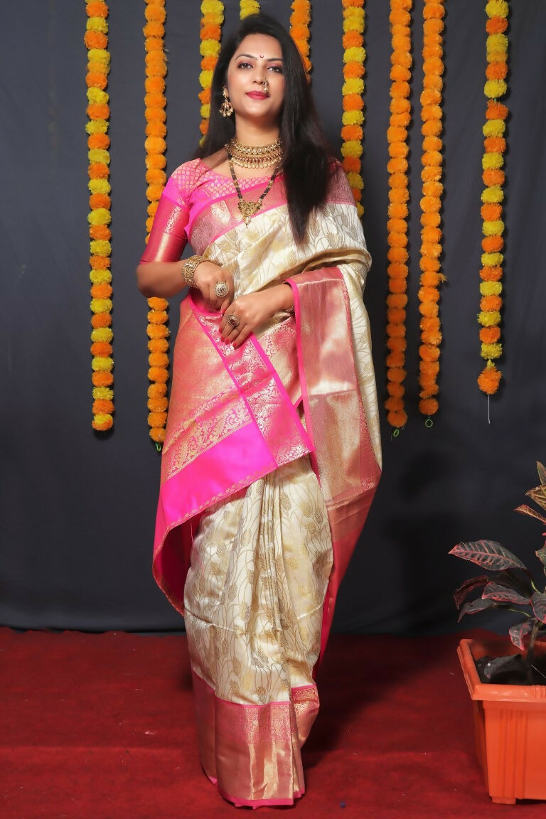 Jyoti Fashion Women's Off White Kanjivaram Silk Zari Woven Saree with Blouse | Swadesiicart