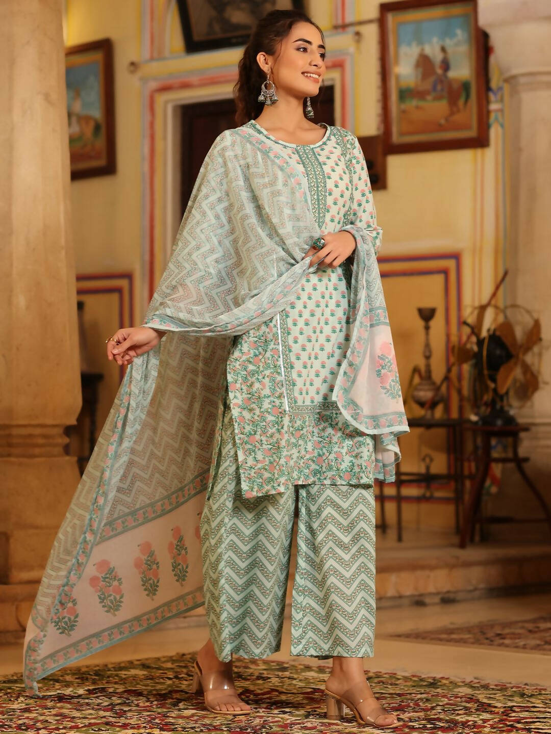 Juniper Women's Seagreen Cambric Floral Printed Kurta Palazzo Set | Swadesiicart