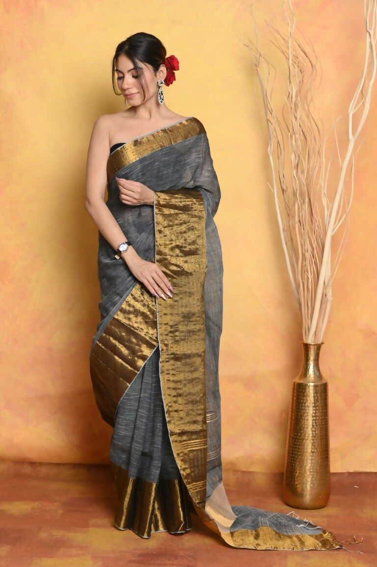 Very Much Indian Handloom Pure Cotton Linen Saree With Golden Border - Grey Gold | Swadesiicart