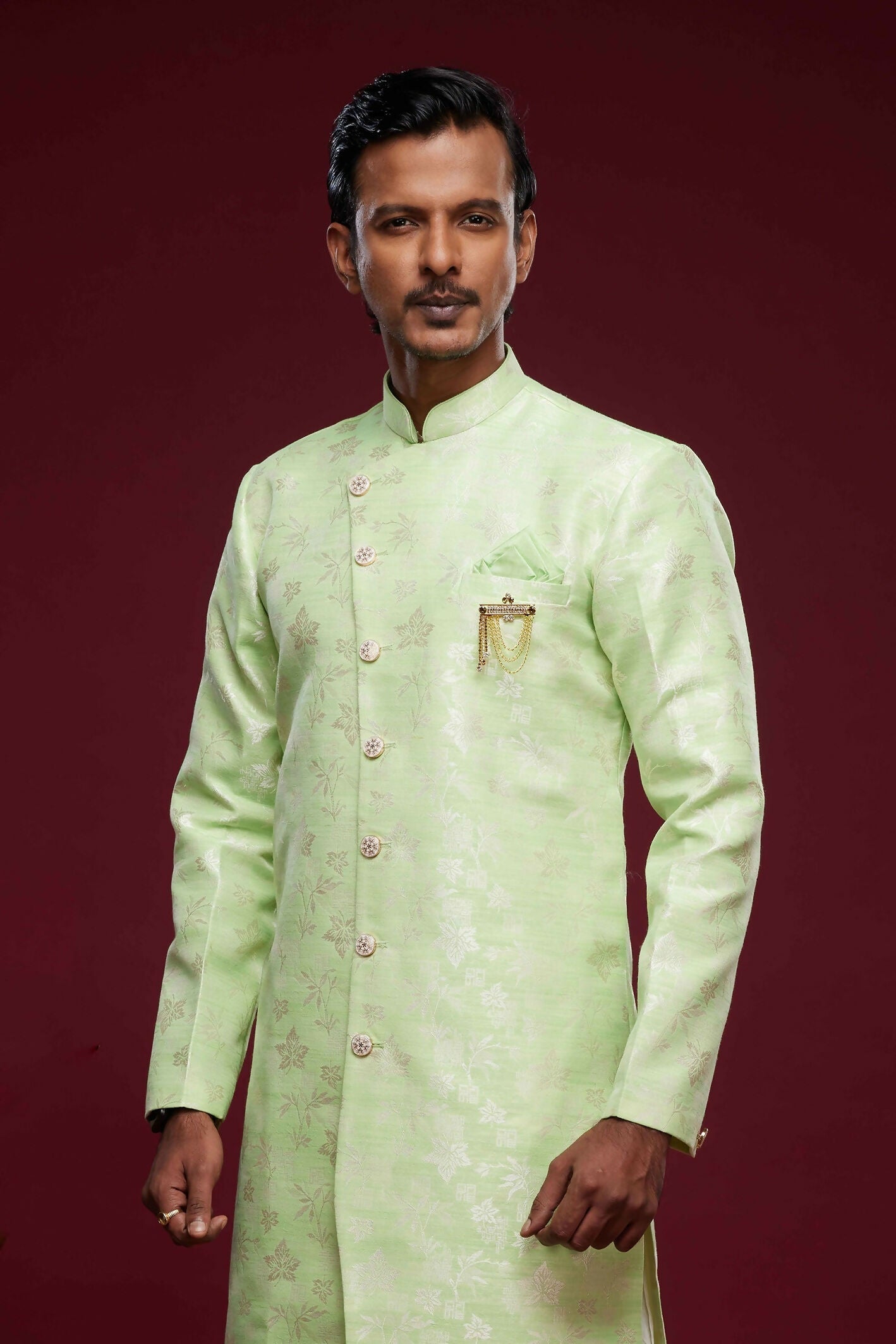 Raivat Ethnic Banarasi Jacquard Embroidery Semi Indo Western Sherwani In Pista Green Colour | Swadesiicart