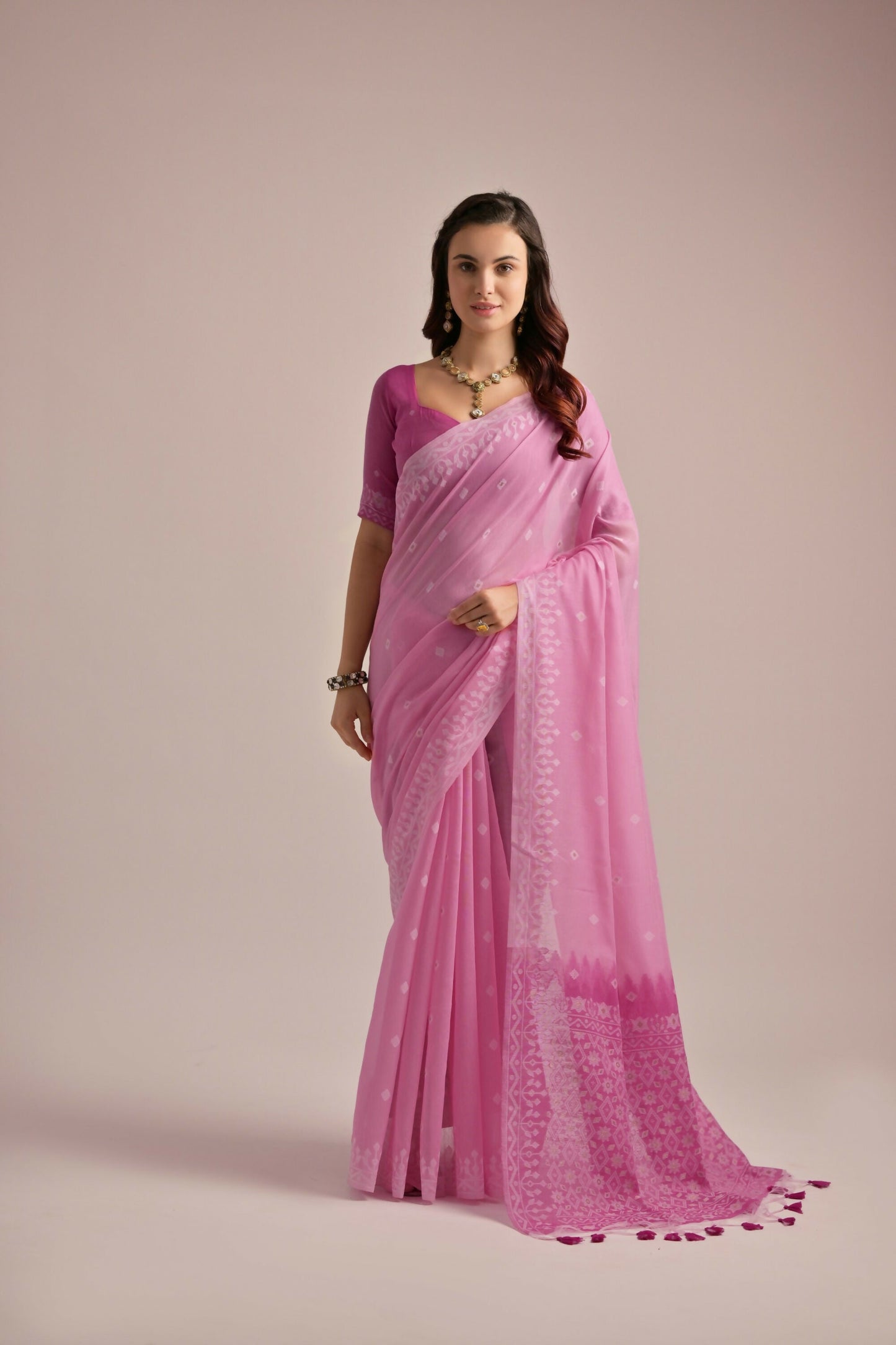 Vishnu Weaves Women's Pink Muga Cotton Woven Saree with Blouse - Swadesiicart