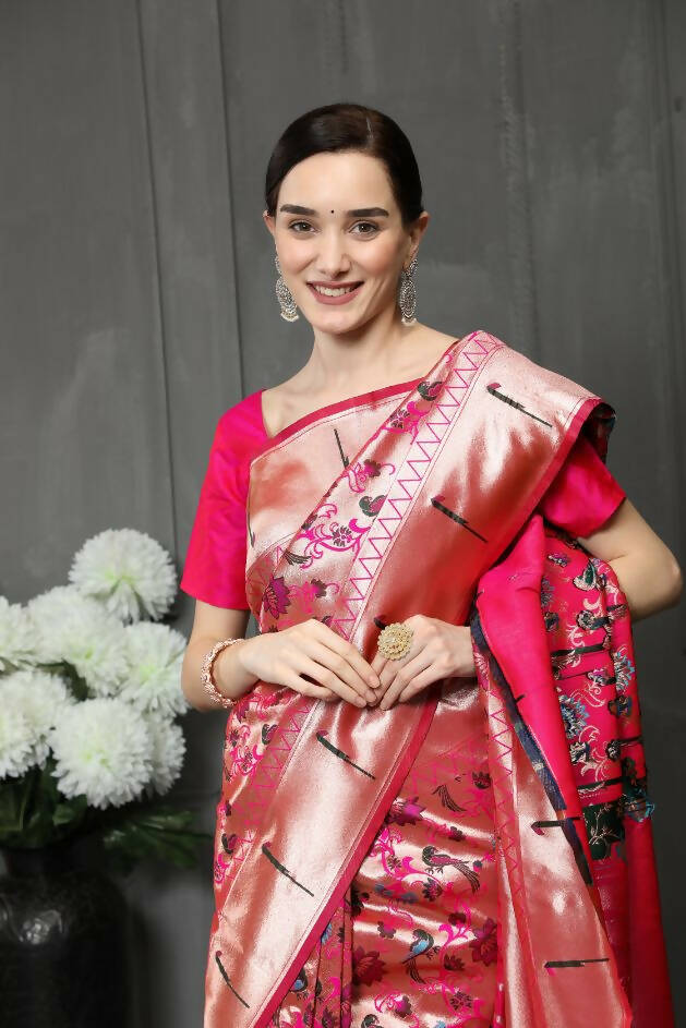 Vishnu Weaves Women's Pink Paithani Silk Zari Woven Saree with Unstitched Blouse - Swadesiicart
