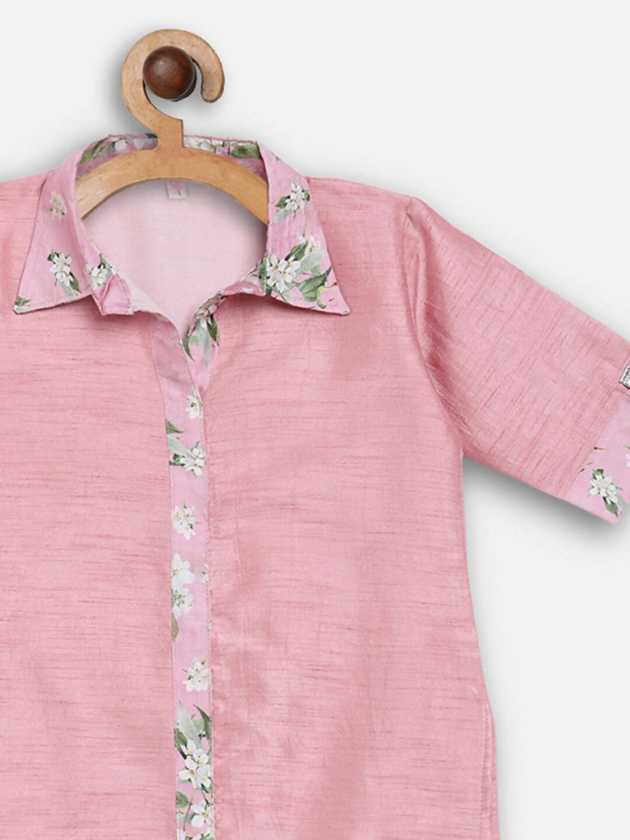 Ahalyaa Pink Poly Silk Solid Kids Kurta with Printed Pant Set For Girls | Swadesiicart