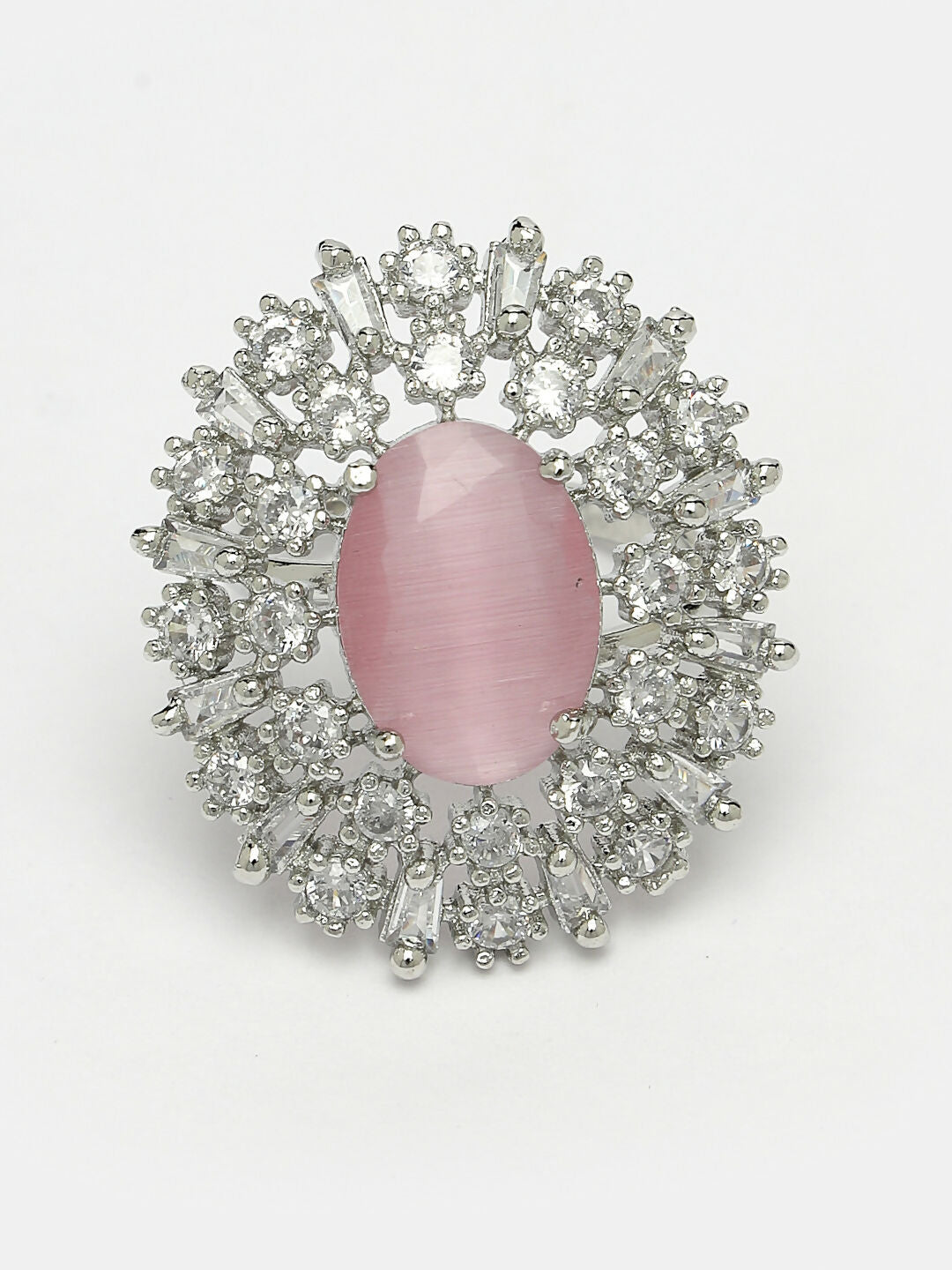NVR Women's Pink & Silver CZ-Studded Handcrafted Adjustable Finger Ring | Swadesiicart