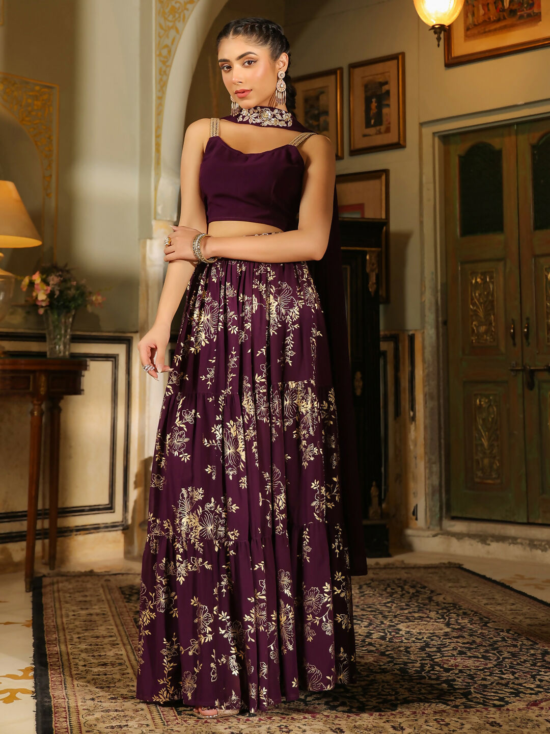 Janasya Purple Georgette Solid Lehenga Choli Dupatta | Swadesiicart
