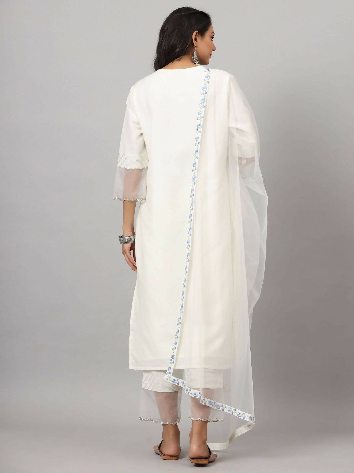 Juniper Women's White Chinnon Solid Embroidered Kurta Set | Swadesiicart