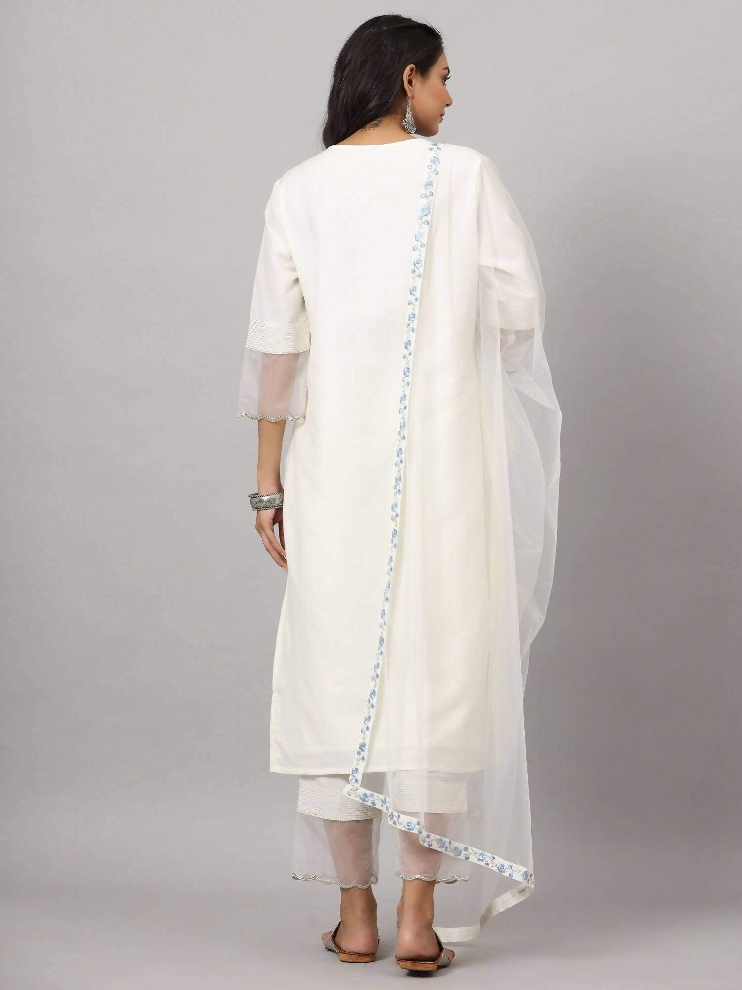 Juniper Women's White Chinnon Solid Embroidered Kurta Set | Swadesiicart