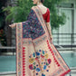 Vishnu Weaves Women's Navy Blue Paithani Patola Silk Zari Woven Saree with Unstitched Blouse - Swadesiicart