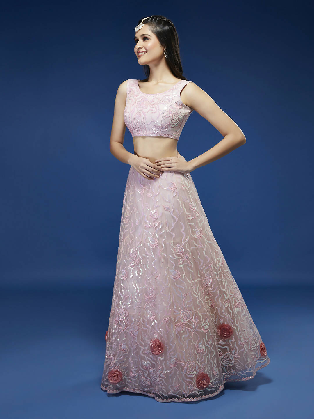 House of Panchhi Coral Net Sequinse Work Lehenga & Blouse, Dupatta | Swadesiicart