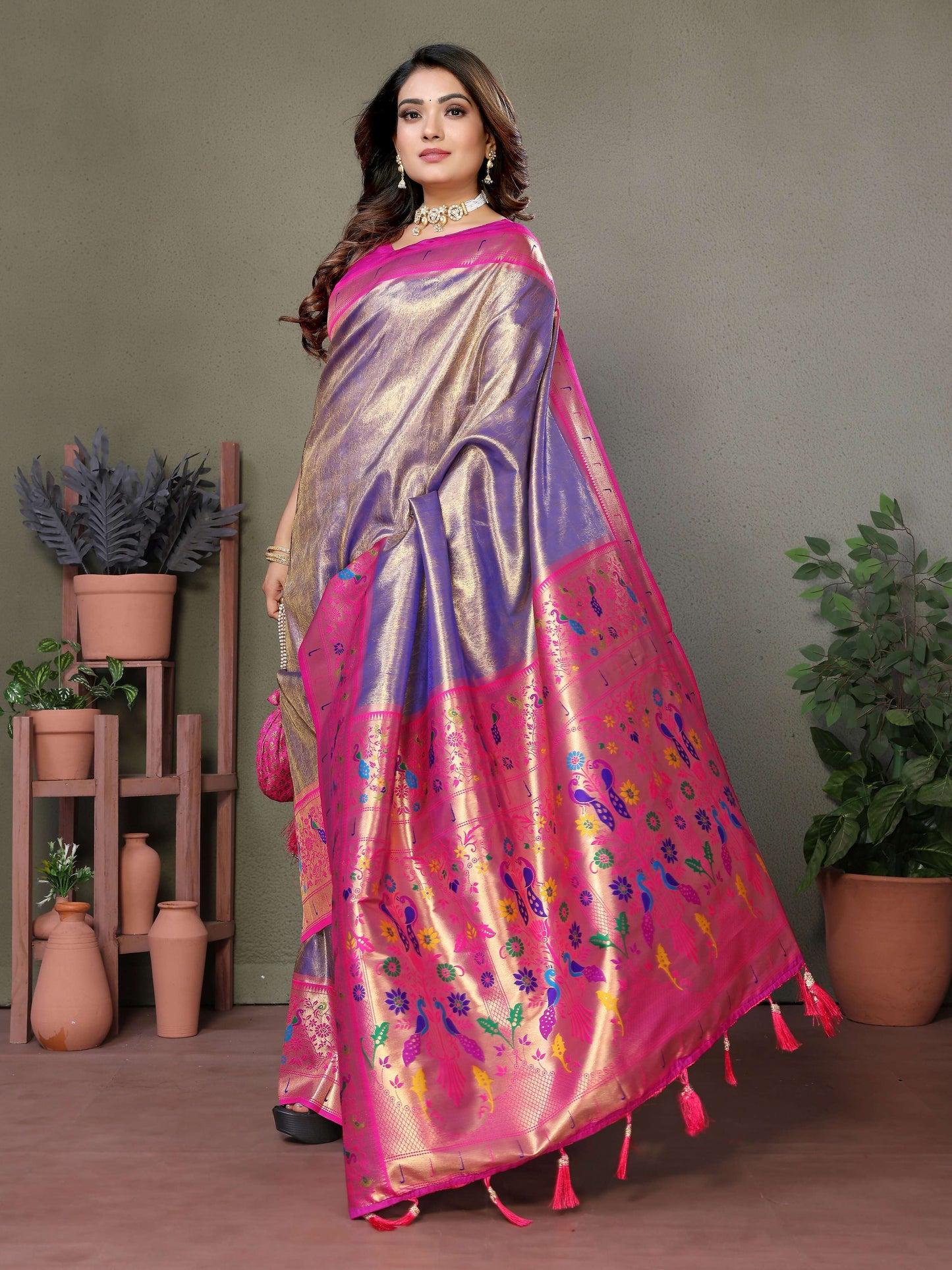Aastha Fashion Purple Tissue Silk Paithani Woven Saree