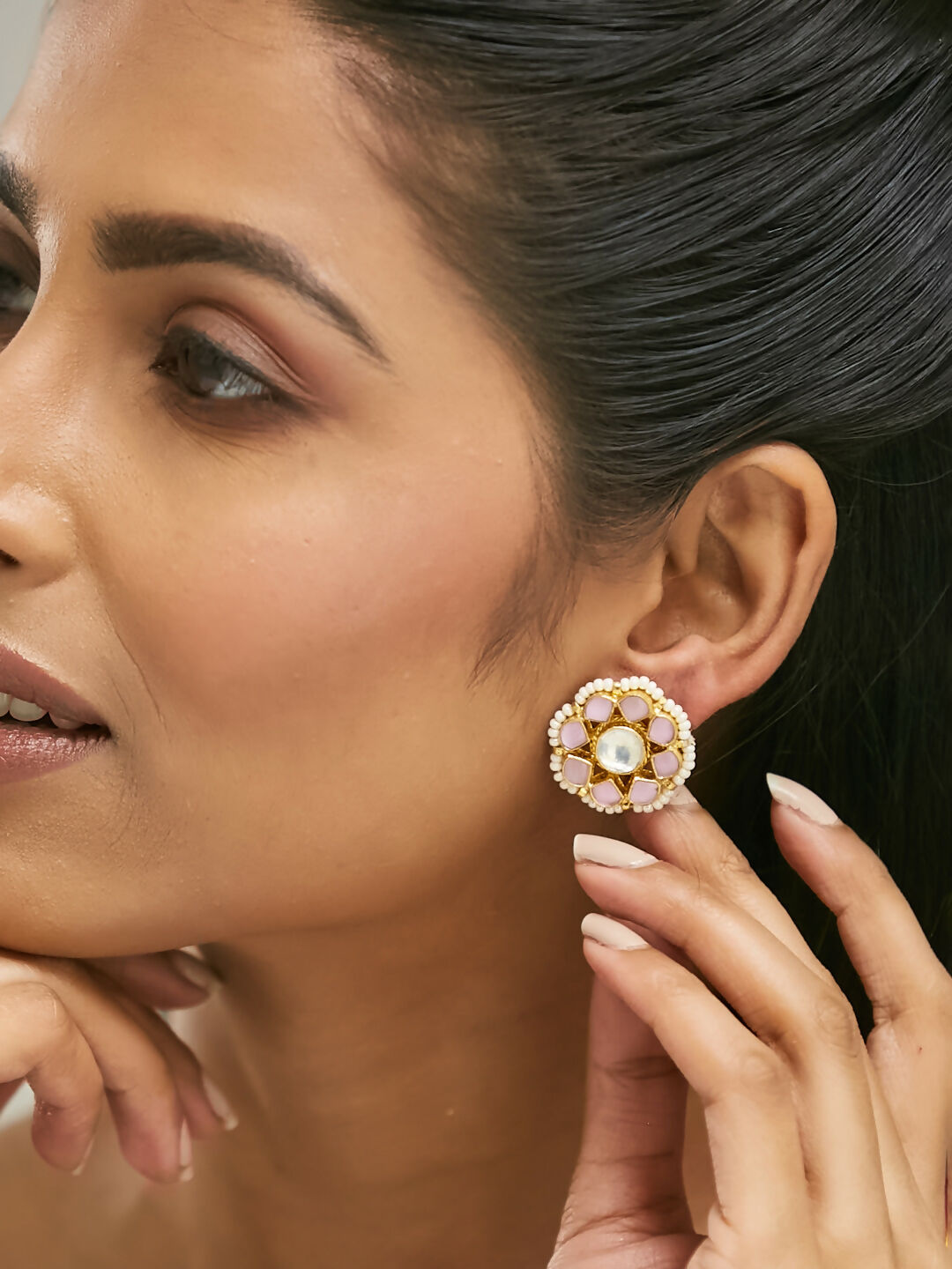Nuyug 22K Gold-Plated Pink Kundan Studded & Beaded Floral Shaped Studs | Swadesiicart