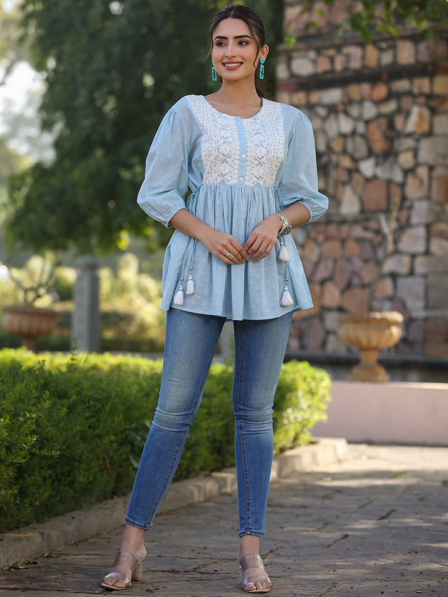 Juniper Women's Blue Cotton Dobby Solid With Embroidered Straight Tunic | Swadesiicart