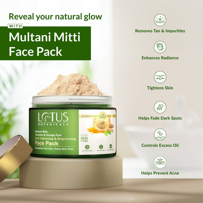 Lotus Botanicals Multani Mitti Turmeric & Orange Peel Skin Tightening & Brightening Face Pack | Swadesiicart
