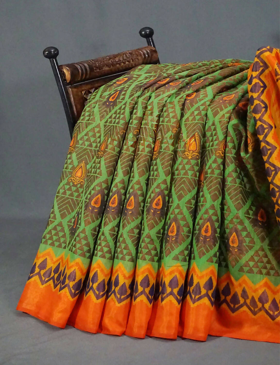 Parrot Green Printed Cotton Brasso Saree By Gayathri Reddy Designer Studio | Swadesiicart