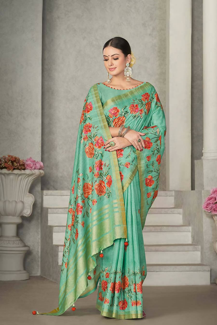 Sea Green Rangkat Tussar Silk Woven Design Saree with Unstitched Blouse - Mohmanthan Eshani | Swadesiicart