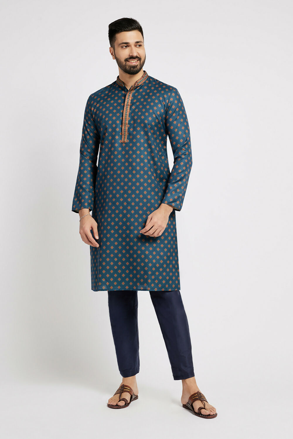 Ethnic India Blue Men's Kurta Ethnic Motifs Polyester | Swadesiicart