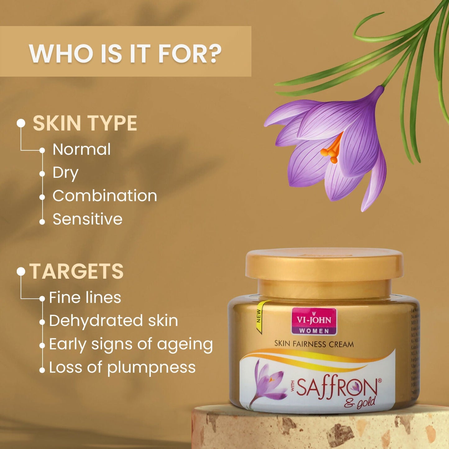 VI-JOHN Saffron Gold Skin Fairness Cream with Vitamin E & Mulberry Extracts | Swadesiicart
