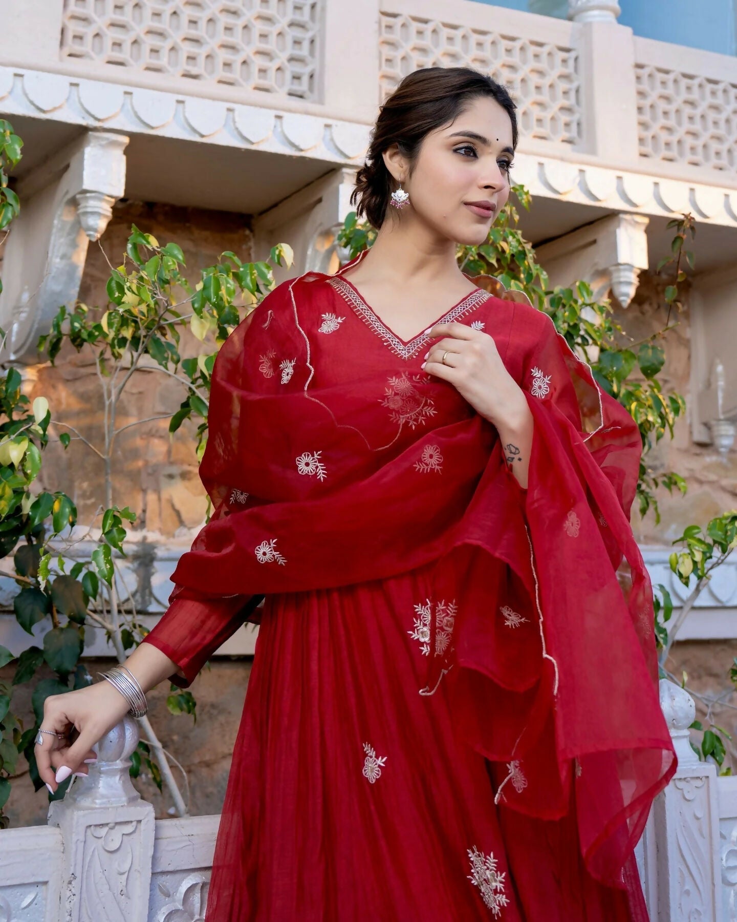 The52 Red Beautiful Embroidered Chanderi Fabric Flared Kurta, Pant and Dupatta Set - Swadesiicart