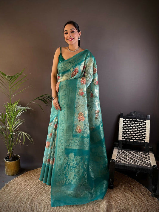 Joban Fashion Teal Floral Motifs Banarasi Silk Sarees | Swadesiicart