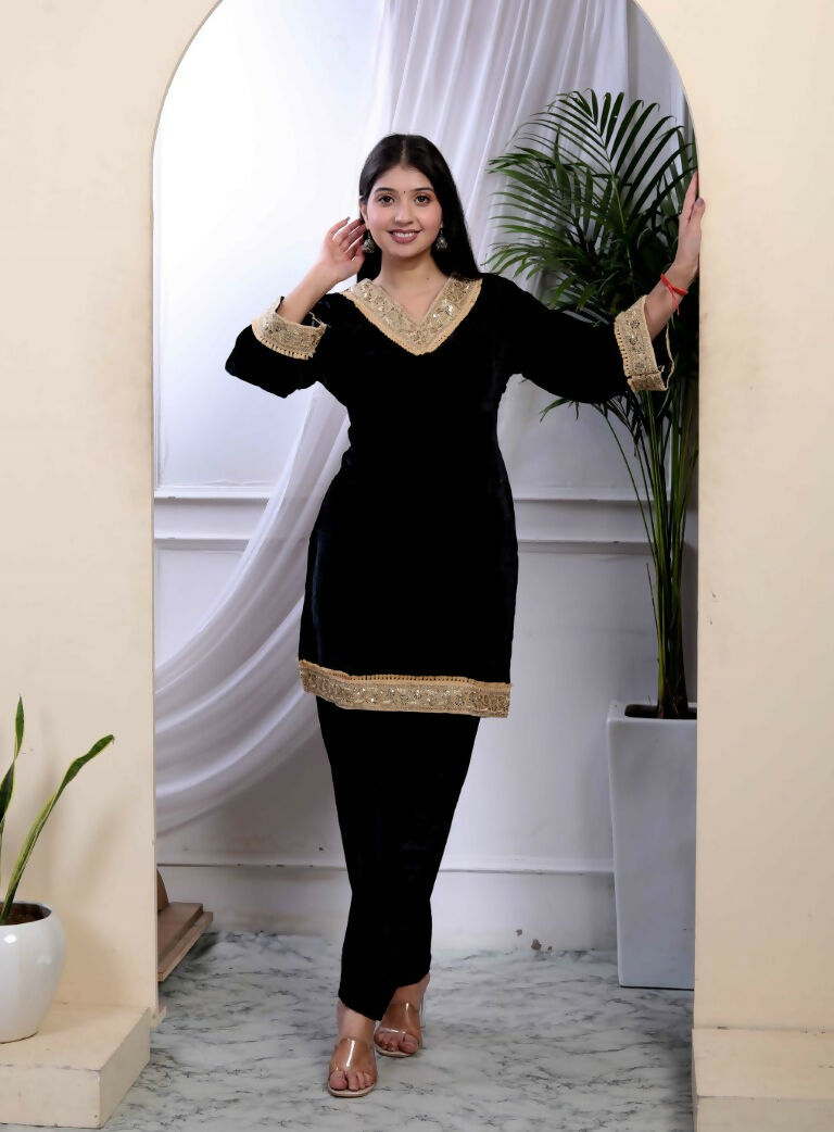 Miravan Women's Black Velvet Dreams Embroidered Co-ord Set - Swadesiicart