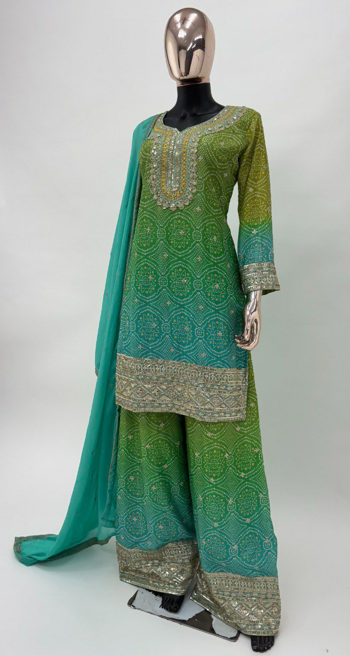 Lorenvalley Fashion Green and Teal Chinon Embroidery With Sequince Work Salwar Kameez Stitched | Swadesiicart