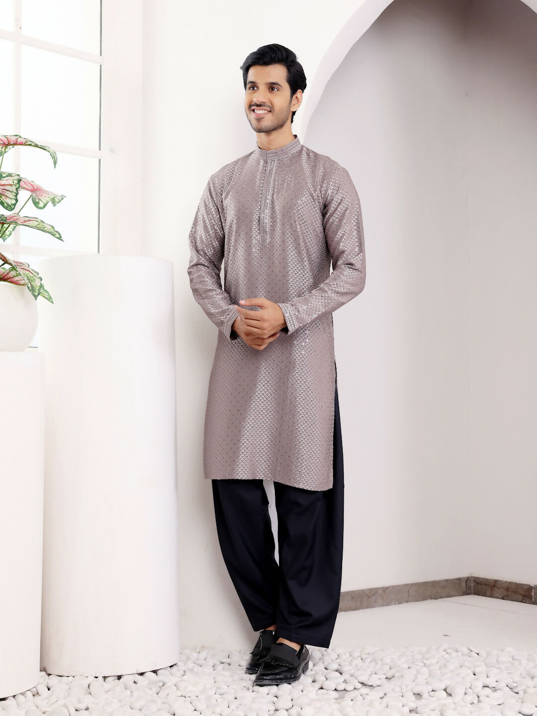 Grey Viscose Designer Chikankari Embroidery Work Men's Kurta - Mahotsav | Swadesiicart