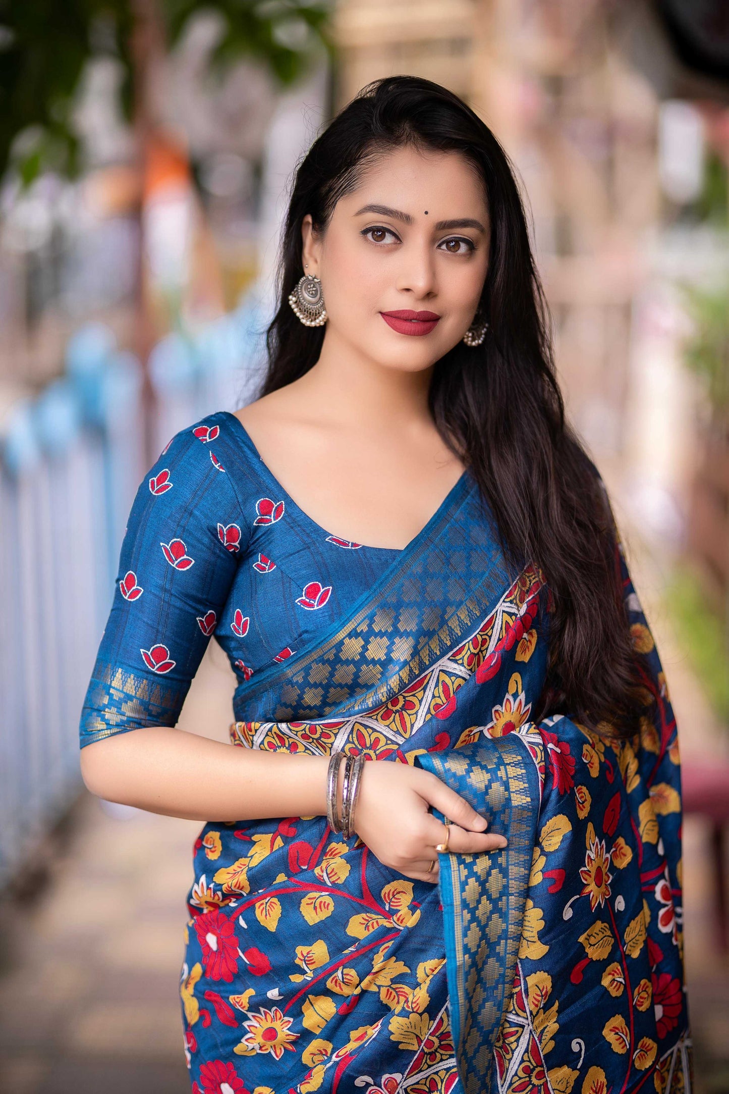 Blue Slub Silk Printed Saree with Unstitched Blouse - Hiral Fashion | Swadesiicart
