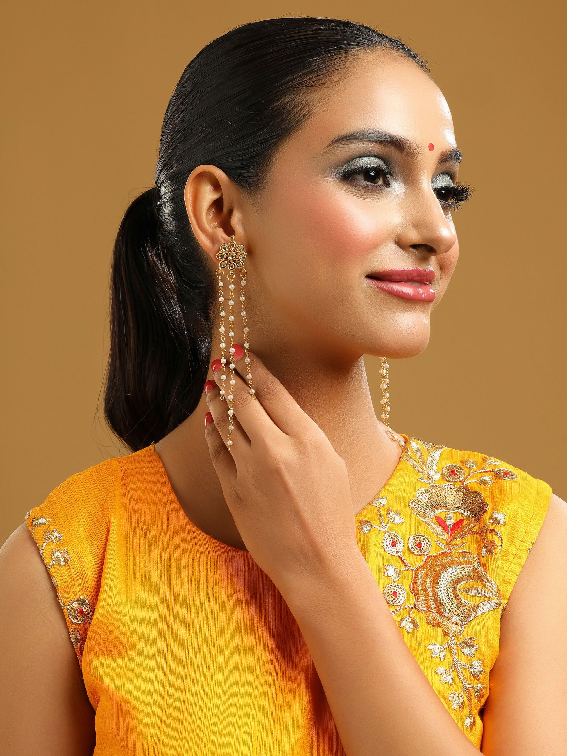 Ruby Raang Gold Long Kundan & Pearl Dangler Earrings | Swadesiicart