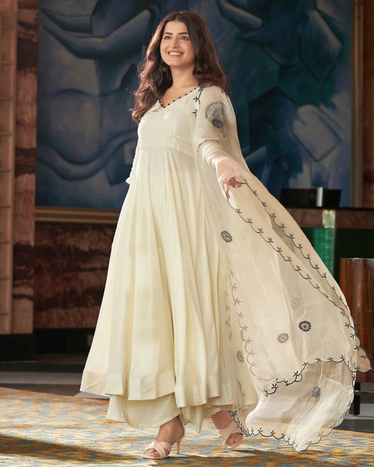 The52 CreamWomen's Gorgeous Embroidered Vichitra Silk Fabric Flared Kurta Pant with Dupatta Set - Swadesiicart