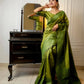 Vishnu Weaves Women's Olive Handloom Raw Silk Woven Border Saree with Unstitched Blouse - Swadesiicart