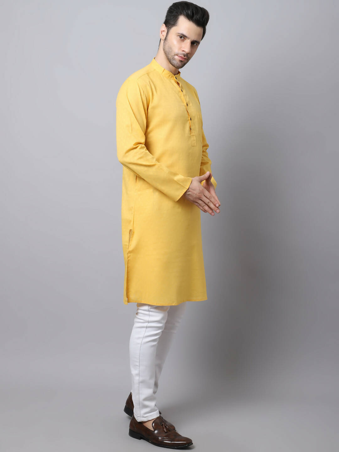 Even Apparels Yellow Pure Cotton Men's Kurta With Band Collar (SLD1183) | Swadesiicart