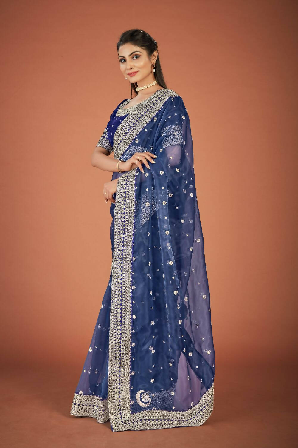 Vamsee Navy Blue Organza Saree - Swadesiicart