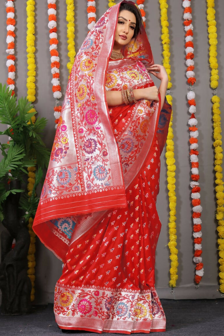 Jyoti Fashion Women's Red Banarasi Silk Zari Woven Saree with Blouse | Swadesiicart