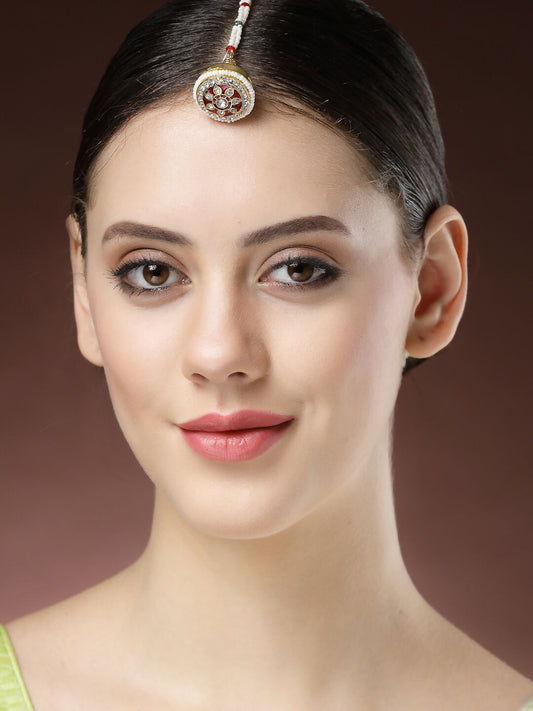 NVR Women's Gold-Polished CZ Stone-Studded Borla Maang Tikka - Swadesiicart