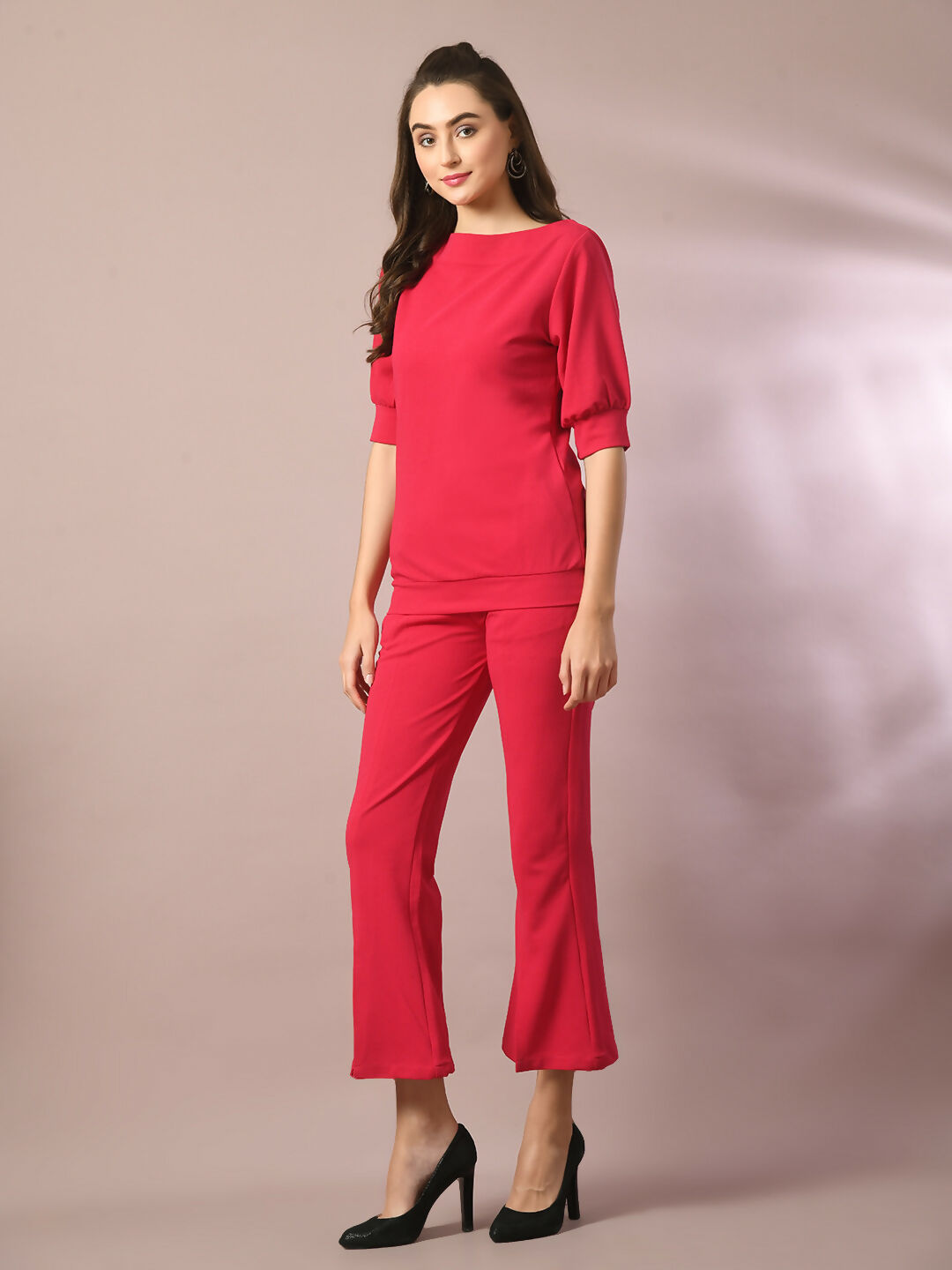 Myshka Women's Pink Solid Boat Neck Party Top With Trousers Co-ord set - Swadesiicart