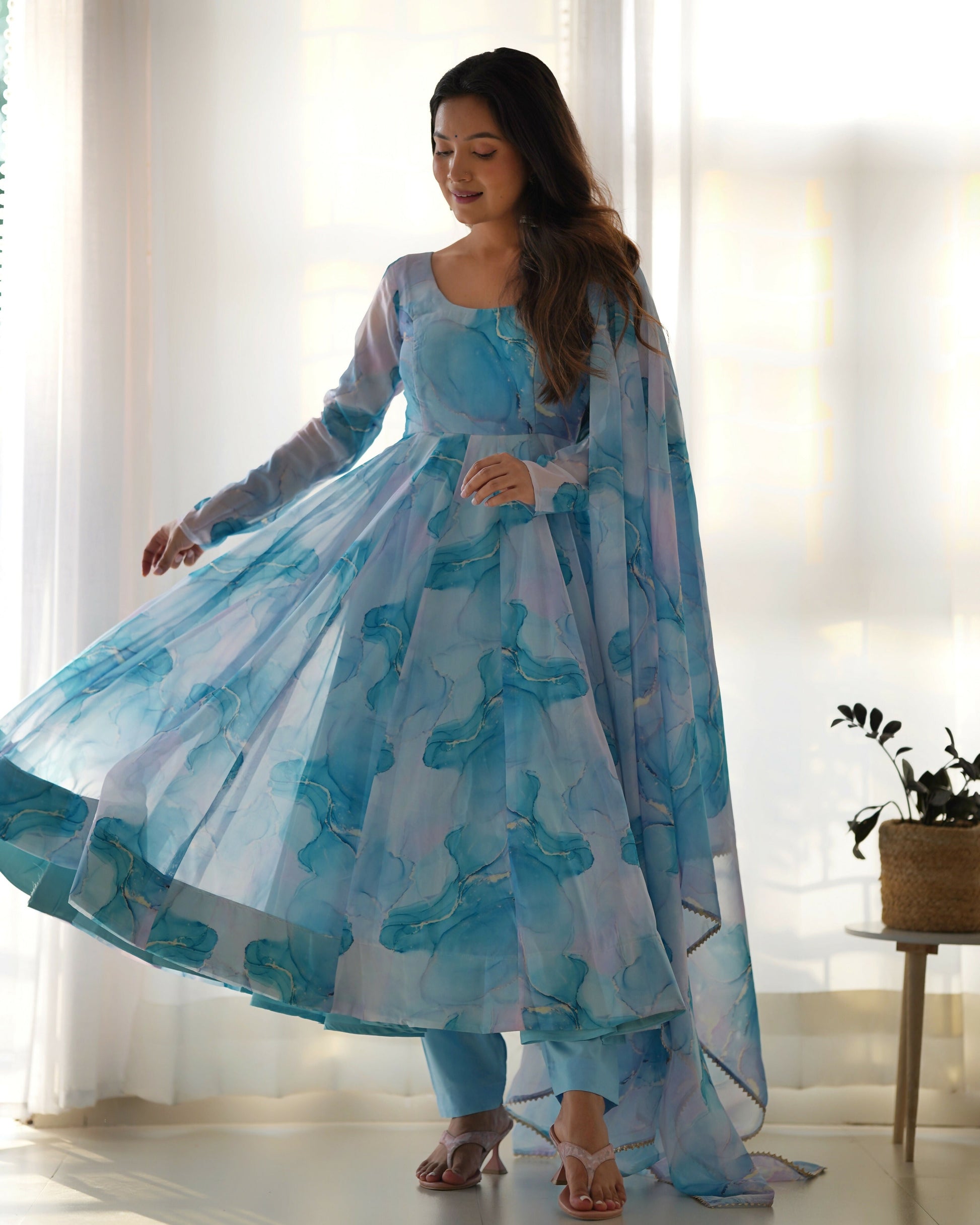 Joban Fashion Sky Kurta Set Organza Sequin Embroidery Work - Swadesiicart