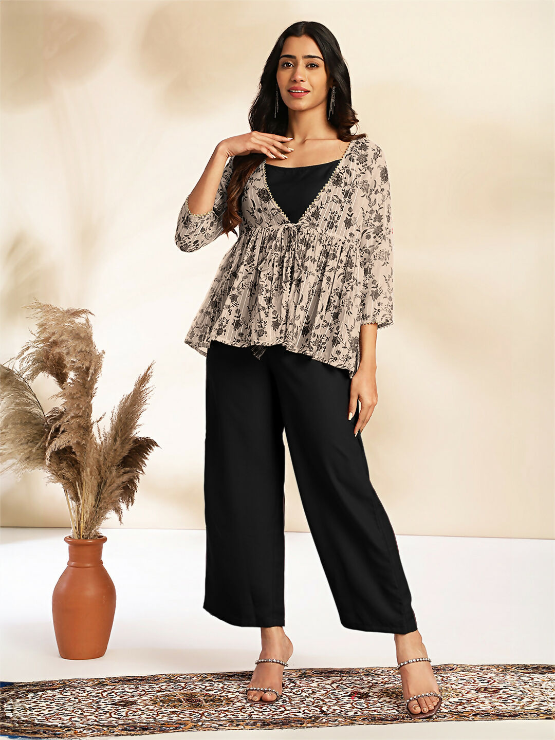 Janasya Black Crepe Solid Top,Bottom & Jacket | Swadesiicart