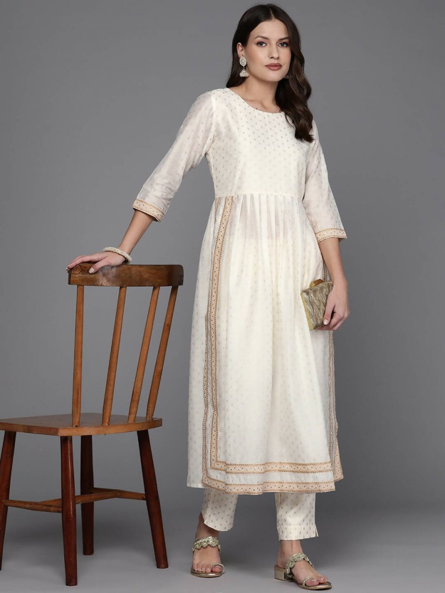 Ahalyaa Women Printed Pleated Kurta with Trousers - Off White Color | Swadesiicart