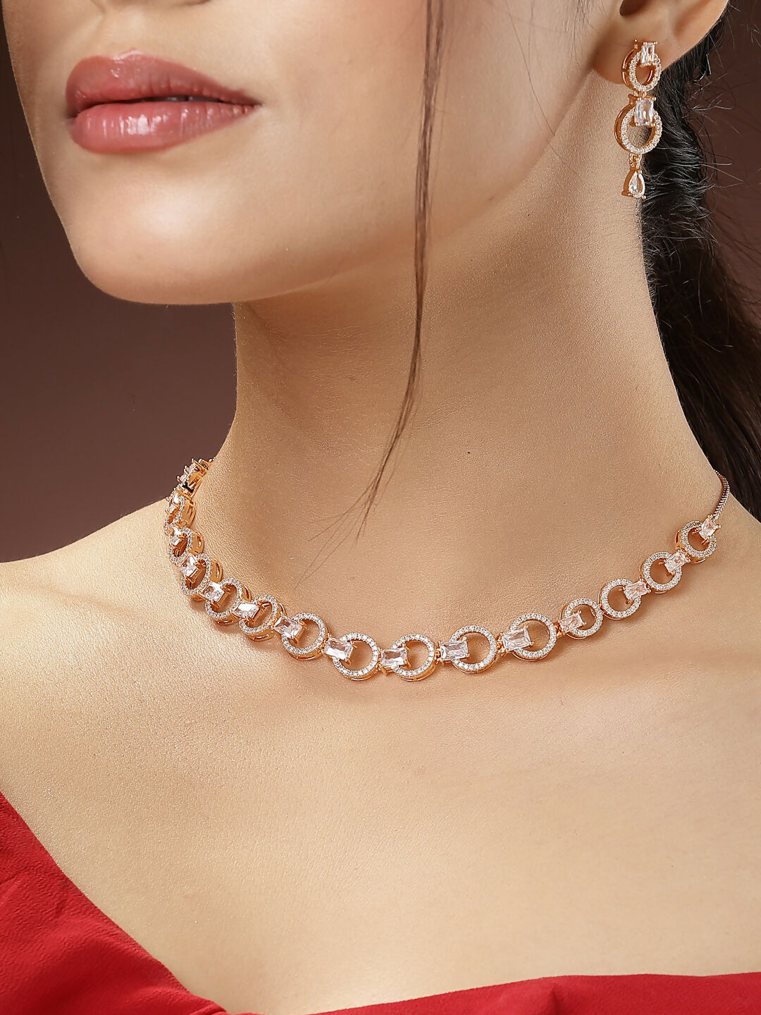 NVR Women's Gold-Polished American Diamond Studded Handcrafted Jewellery Set - NR Retail-NVR