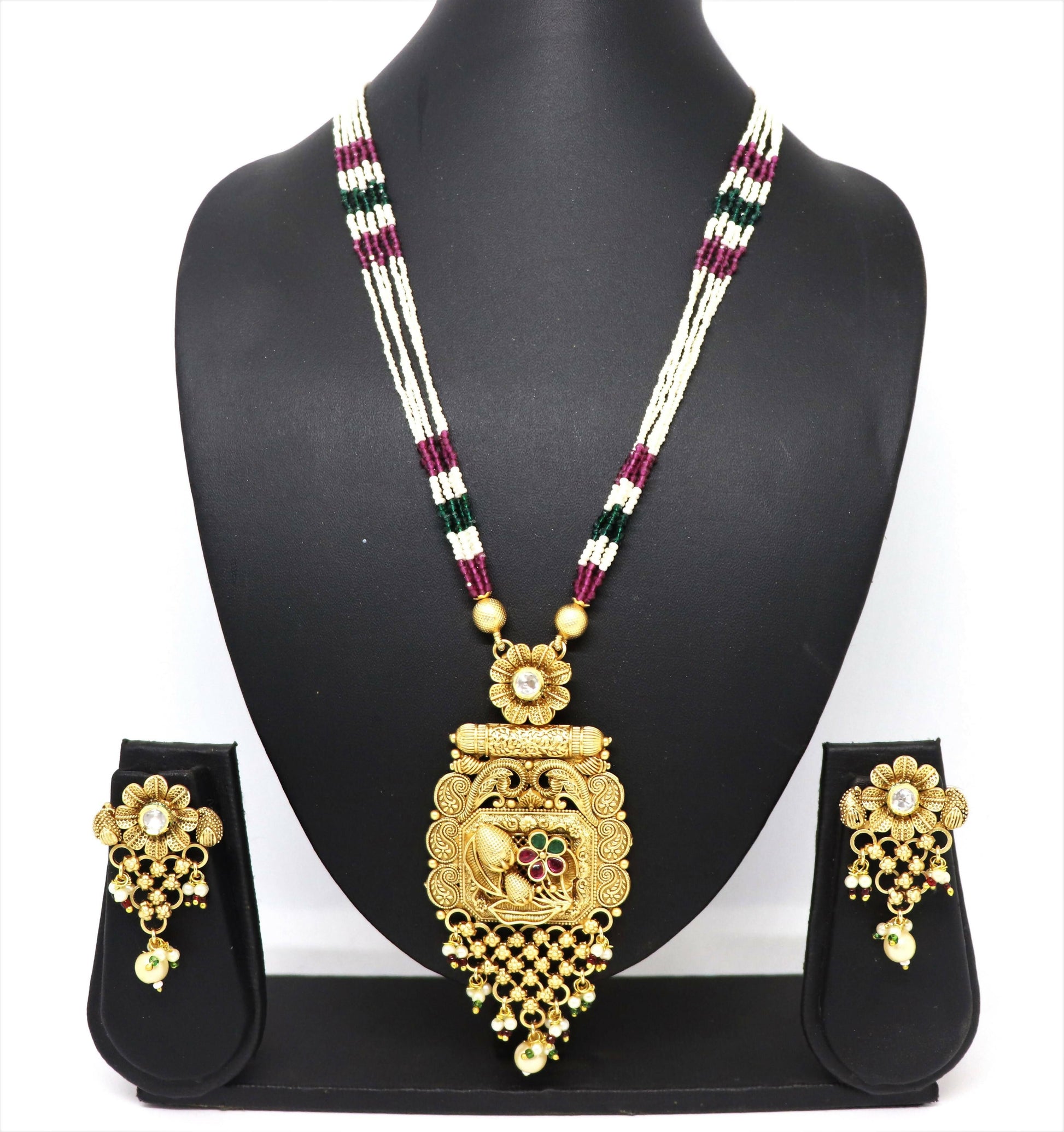 Joban Fashion White & Maroon & Green With Rajwadi Polish Necklace Set | Swadesiicart