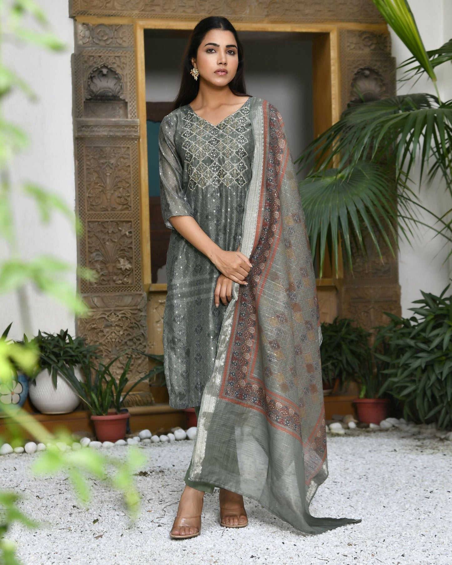 Vaasva Women's Chanderi Printed Suit Set With Pant And Printed Dupatta | Swadesiicart
