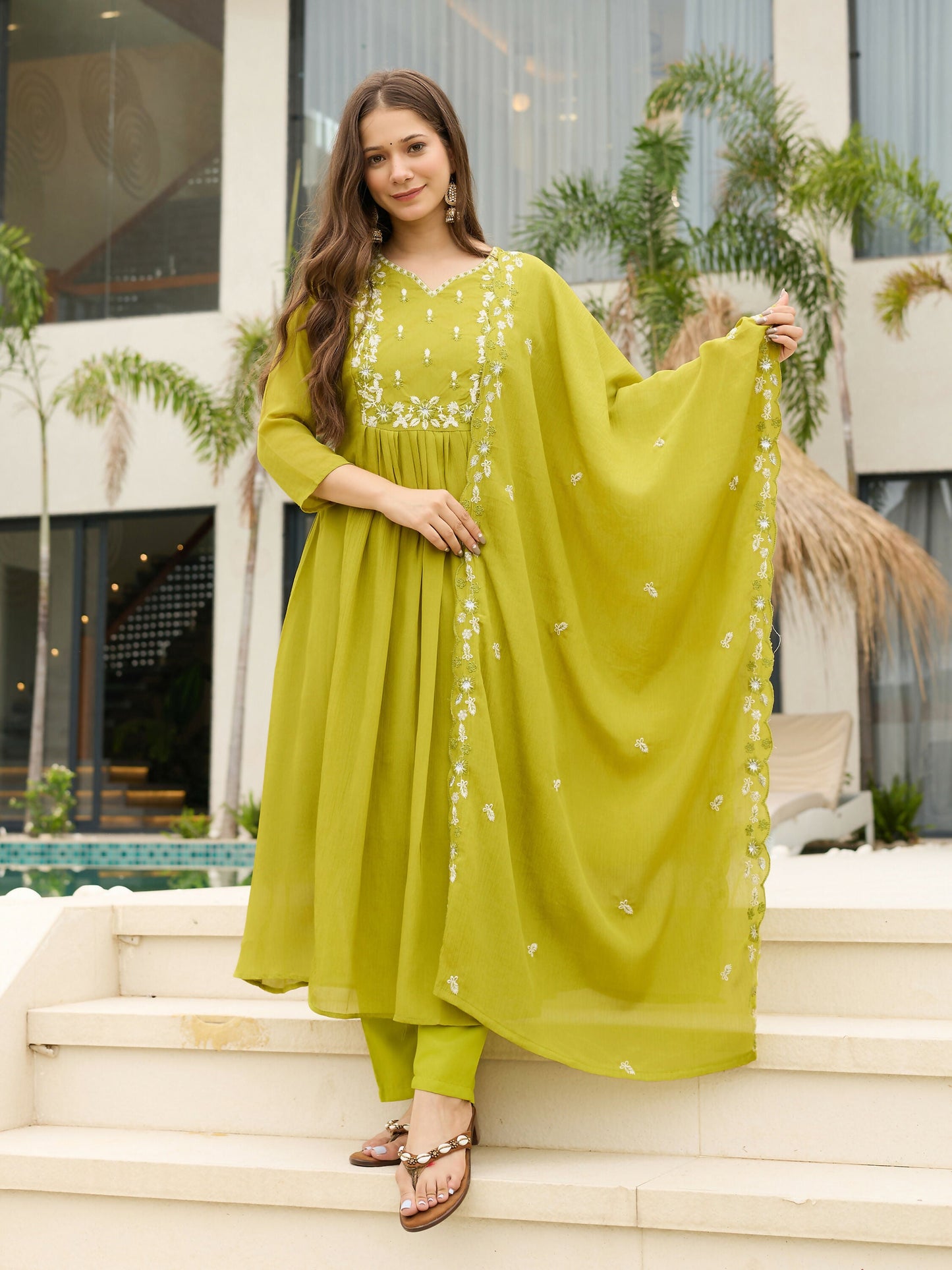 The52 Lemons Women's Gorgeous Chinon Embroidered Flared Kurta with Pant And Dupatta Set - Swadesiicart