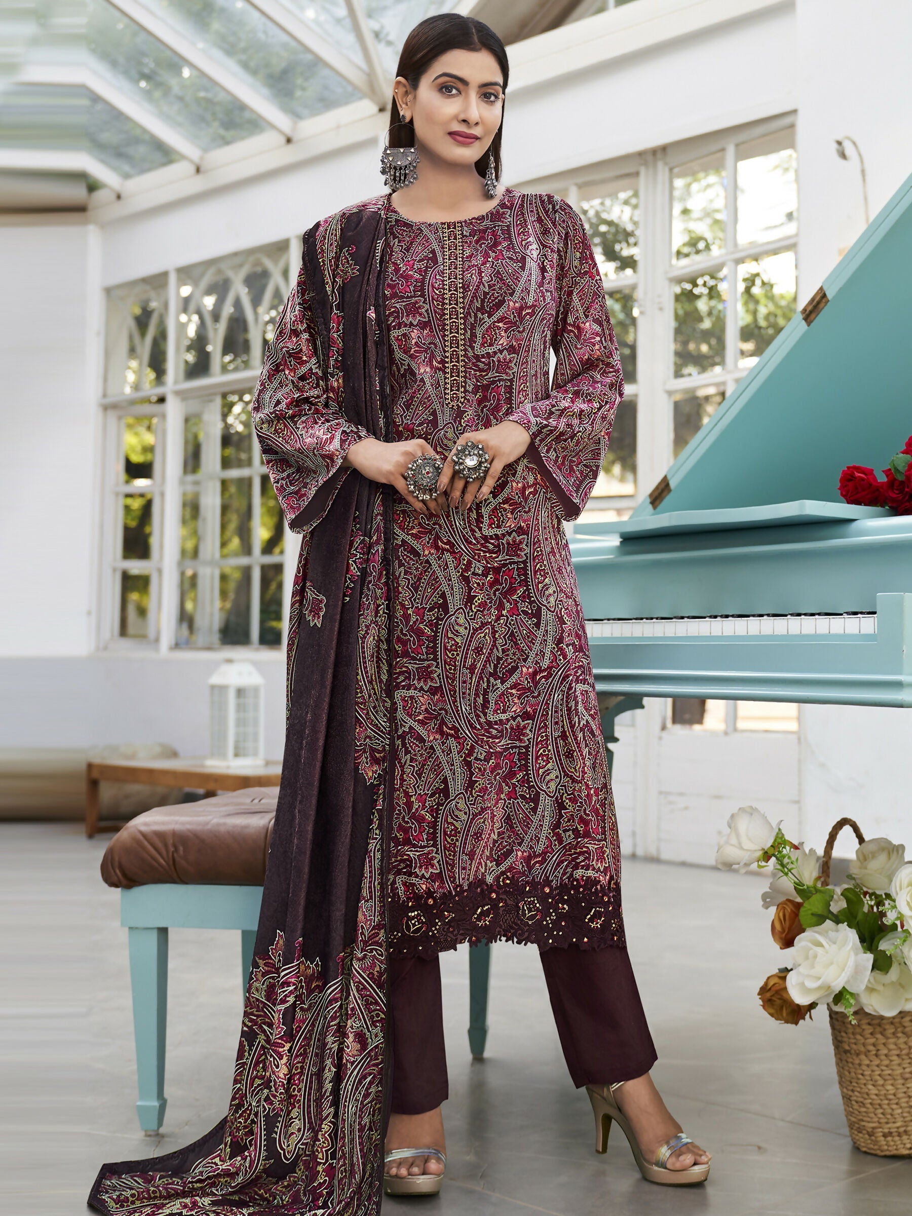 Jyoti Fashion Women's Wine Velvet Digital Print with Resham Thread work Kurta with Trouser & Dupatta | Swadesiicart